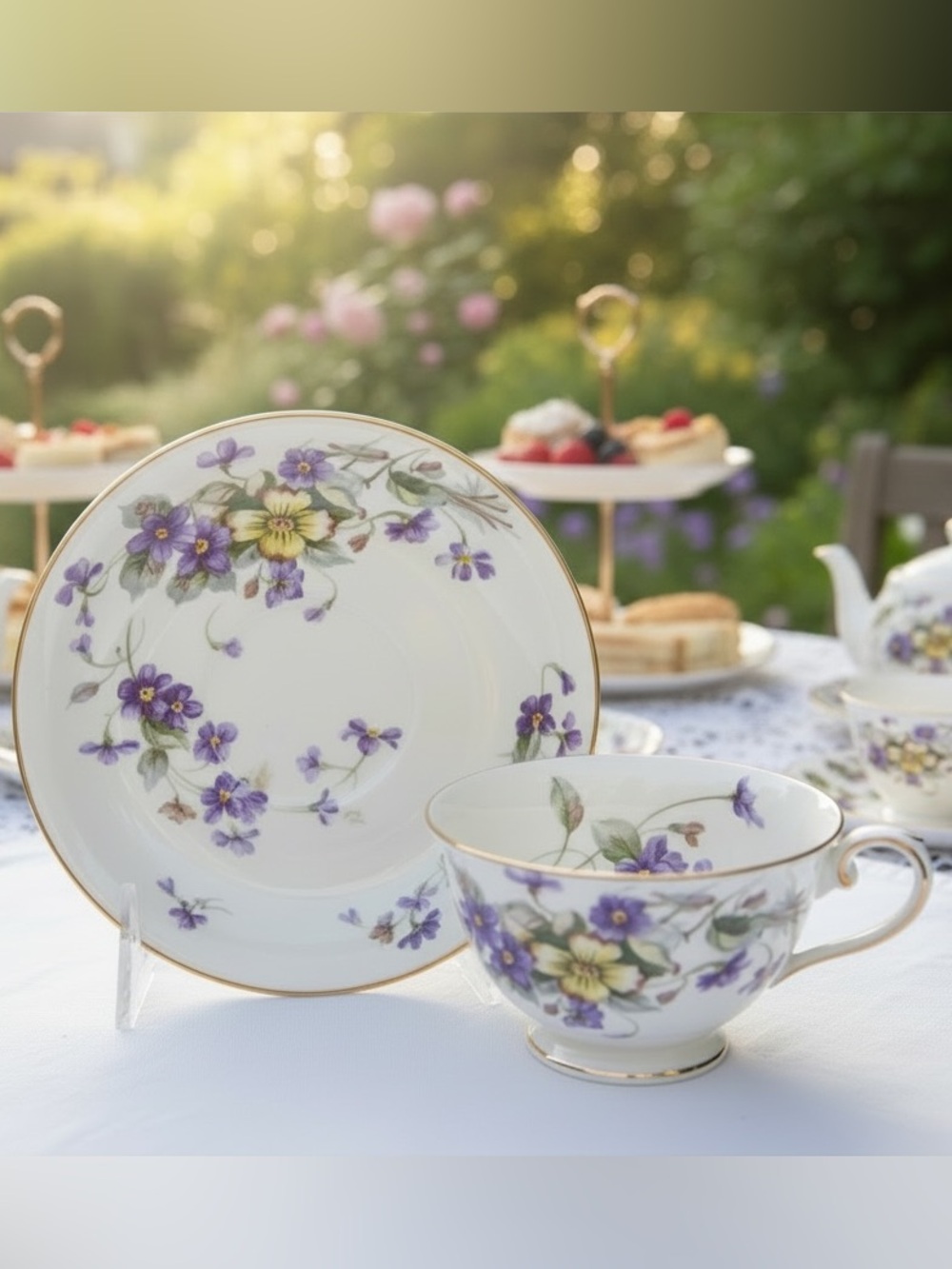 Vintage Meito China Teacup & Saucer Set Adele Pattern Japan Violets like new - Picture 6 of 7